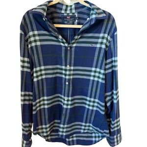 Vineyard Vines Mens Plaid‎ Slim Fit Whale Shirt Blue Green White - Medium